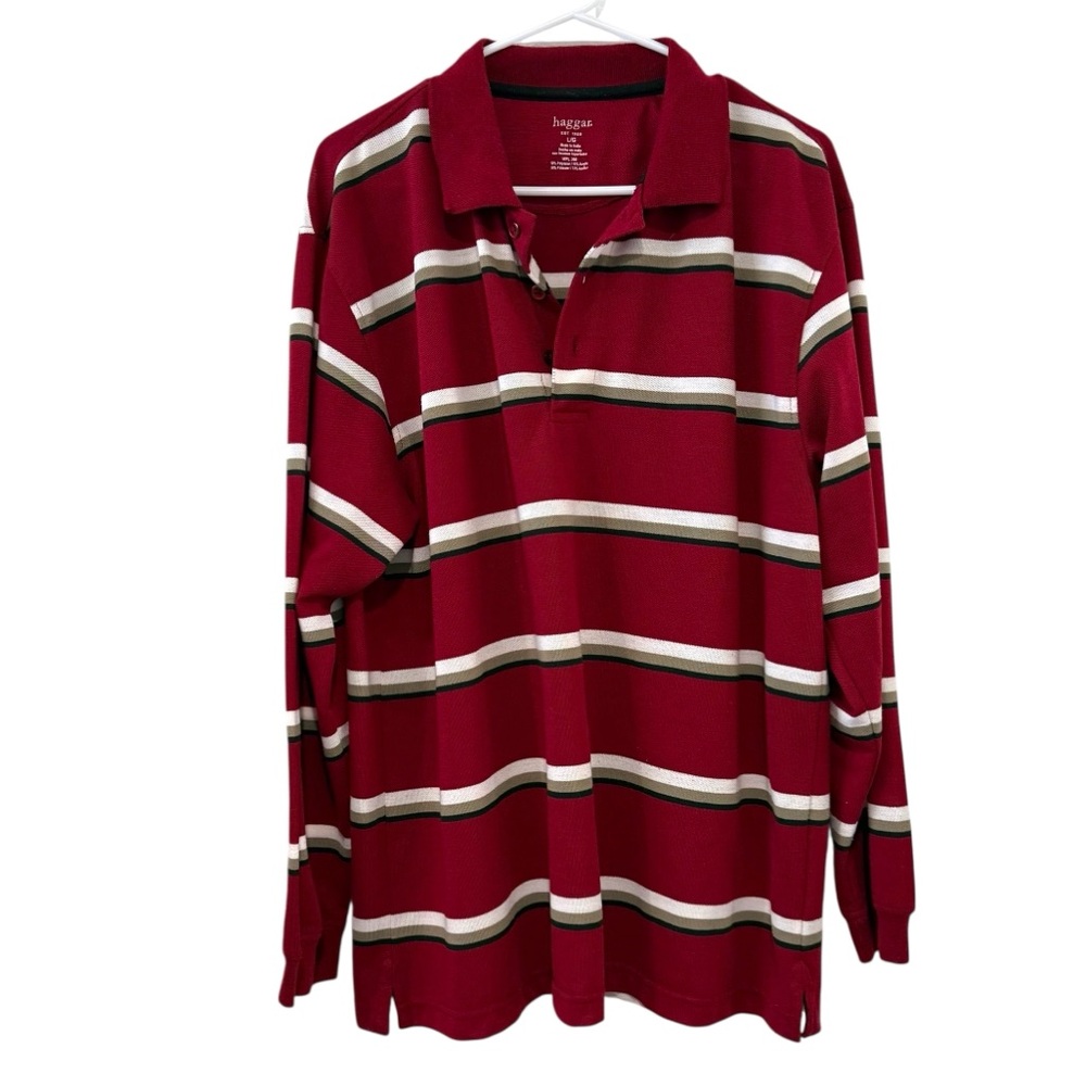 Haggar Large Red Black White Stripe Long Sleeve Polo Shirt